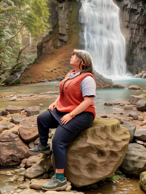 there is a woman sitting on a rock in front of a waterfall, next to a waterfall, standing near a waterfall, standing in a waterfall, waterfalls in the background, standing in front of a waterfall, waterfall in the background, with a waterfalls, hiking clot...