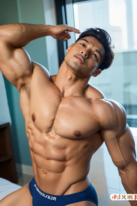 Masterpiece, Best Quality, Solo, Korean Men, bodybuilder, Muscular body, big muscle, Natural eyes, Short and delicate hair, Sexy Man, looking up at viewer, Triangle mens underwear, Large protrusions, Erection, legs open, Muscular posture