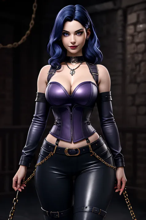 close up 1girl in, 20years, Solo, Aesthetic artwork, dark blue hair, thick dark blue hair, light blue eyes, clear skin, pale skin, massive breasts, DD-Cup, cleavage, fit body, (round hips, thin waist: 1.25), (Sirius face, dark lipstick, mischievous smile:1...