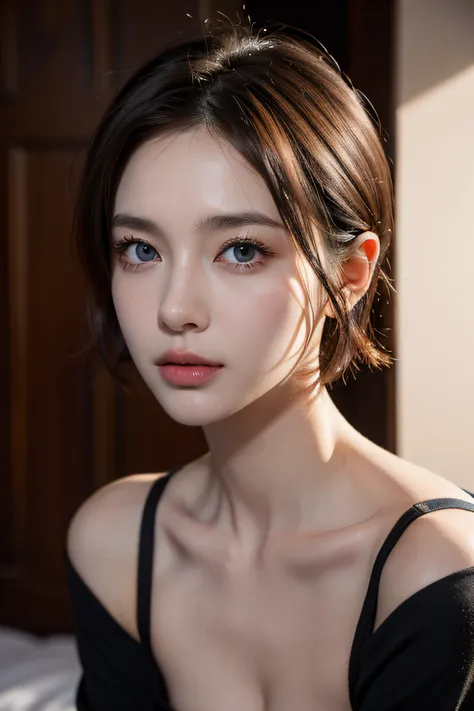 Short hair, Skin Tight Black Top:1.2, Looking at Viewer, Cinematic lighting, Perfect, softlight, High resolution skin:1.2, Realistic skin texture, 30 years old mature woman、Small face、no-makeup、, off shoulders, Exposed cleavage, Blue eyes, Short hair, dark...