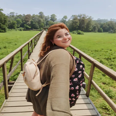 woman with a backpack standing on a wooden bridge, standing on a bridge, on a bridge, in front of a forest background, connected with hanging bridge!!, walking on an old wood bridge, in a scenic background, background is heavenly, on a bright day, on a sun...