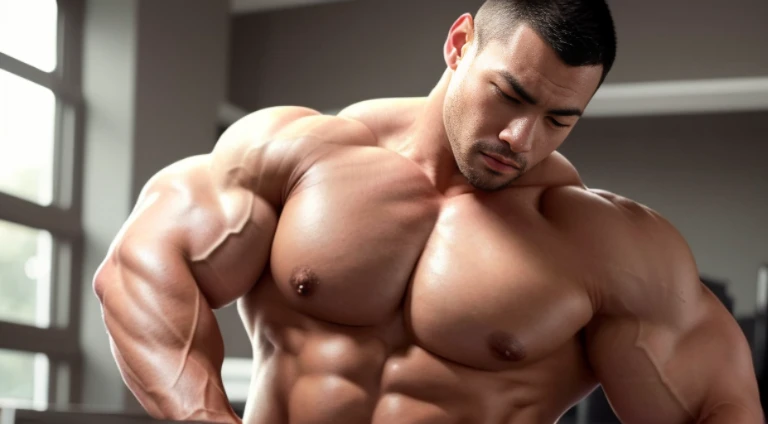 (Very detailed 8k wallpaper), Strong Asian Men, At the gym, high detailing, buzzcut, very large and strong body, bulging muscles, well-muscled, very large pectoral muscles. Very sexy abs, legs are muscular, Toned figure, lightens oily skin, muscular, Tank ...