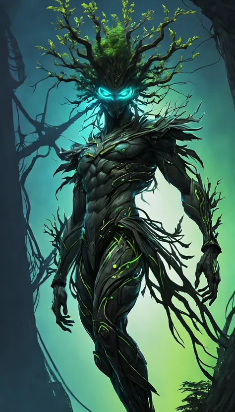 Cyberpunk Treeman，metal leaves，wired branches，Glowing eyes and mouth，mechanical body parts，tribe outfit，ancient tribal markings，sharp sharp eyes，Imperial and majestic pose，control tendrils extending from the arms，Neon lights dancing on the body，Electricity...