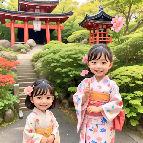 photoRealstic、Japan shrine in the background、３Year old girl、Wearing a kimono to celebrate Shichi-Go-San、Traditional events of Japan、Smile, kawaii pose 、 ultradetailed eyes、Full Paint、Floral hair ornament、butterfly hair ornament、on my right hand, I have a b...