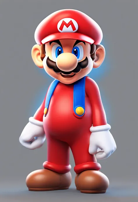 (Mario), Character Design, Nintendo Super Mario, (Blue eyes, Red hat, Red suit, Blue suspenders, White Gloves, )Super cute blind box style, Chibi, Full body, Exaggerated expressions and actions, clean back ground, Bright iridescent highlights, Studio Light...