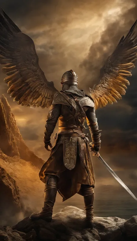 (The winged warrior who swam across the river of lightning),フォトリアリスティック:1.37,A high resolution,vivd colour,bokeh,3Drenderingof,tack sharp focus,ultra - detailed,Studio lighting,Guerrero,Intense expression,armour,feater,Powerful wings,salama,aurora borealis...