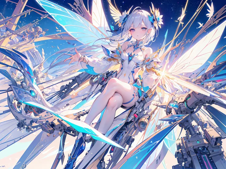 (​masterpiece,top-quality,top-quality,Beautifully Aesthetic:1.2),1girl in,extra detailed face,artificially created fairy,hyper quality,super delicate lines,lensflare,((mechanical fairy,symmetrical wings,electronic fairy)),mechanical flower landscape,Machin...