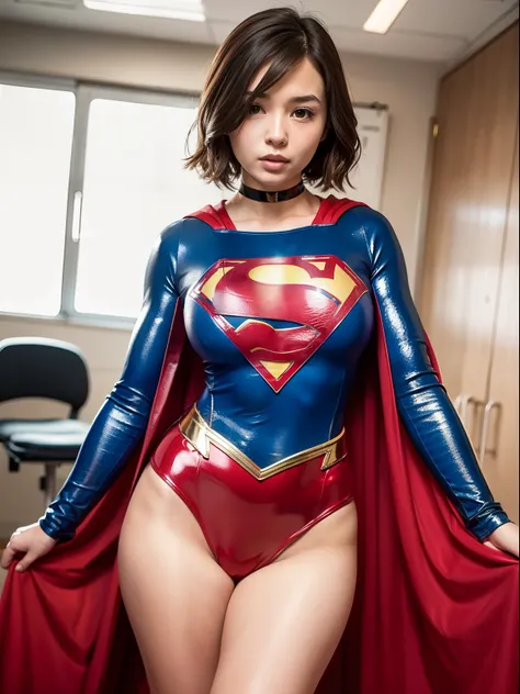 ​masterpiece,Short-haired supergirl spreading her thighs on a hospital operating table、large full breasts、Looking at the camera、Glossy enamel costume、Glossy red enamel long boots、Shiny red skirt、a choker、Glimpse、Fluttering cloak、seduces、sexypose、Large open...