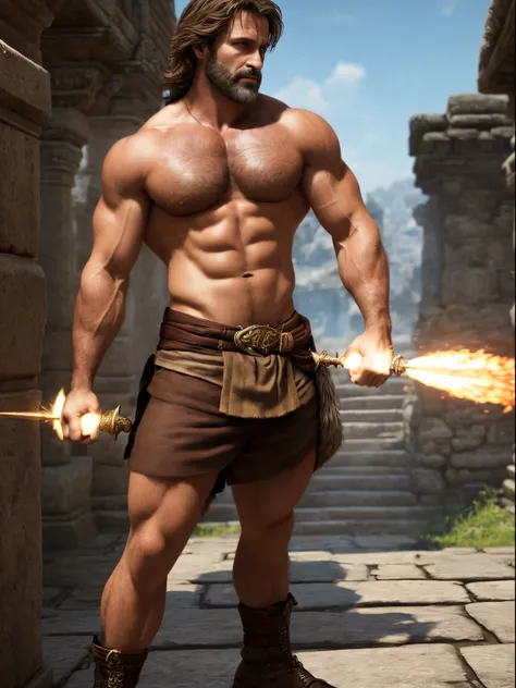 (Masterpiece) A very detailed, intricate, epic fantasy, colorful, full body, slight angle, man, 40 years old, hunk, hulking, brawny, ankle wraps, very hairy chest, very masculine, handsome and attractive man, dynamic action poses, skimpy revealing outfit, ...