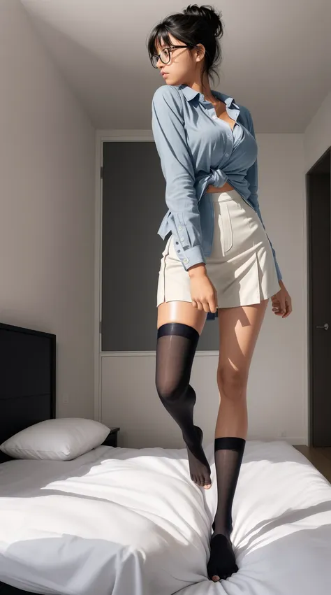 SFW: full body, barefoot, masterpiece, a beautiful woman, fantasy bedroom background), (tight open business shirt), (very short skirt), (stockings), glasses, (pettitte breasts)(cover breast), perfect body, CLEAN hair, hair tied in a loose bun, legs, (skin ...