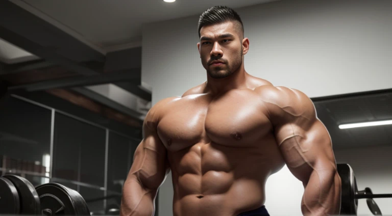 (Very detailed 8k wallpaper), Strong Asian Men, At the gym, high detailing, buzzcut, very large and strong body, bulging muscles, well-muscled, very large pectoral muscles. Very sexy abs, legs are muscular, Toned figure, lightens oily skin, muscular, Tank ...