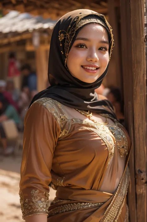 full body shot of sexy smiling hijabi (abbie_cornish:0.6) indonesian daughter wearing a see-through saree in a rustic village,open shirt,face incredibly detailed, lips, realistic, solo,medium breasts,skin tight, puffy , facial, masterpiece,best quality, In...