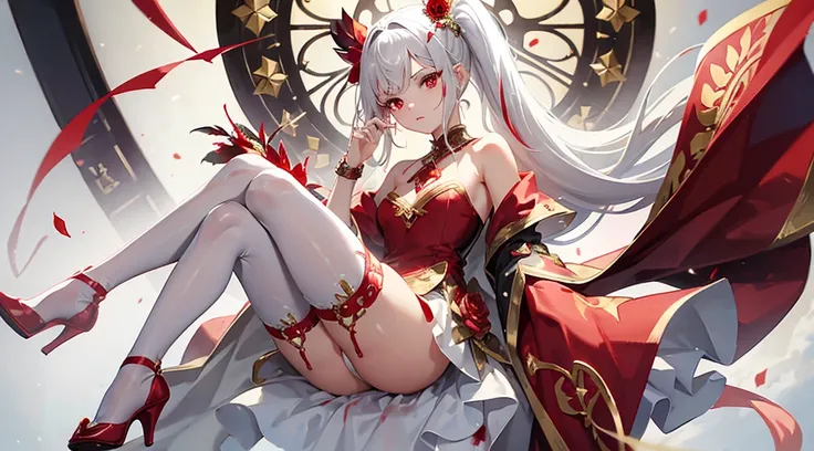 a girl, with a high pony tail and white hair with small red streaks in her hair with the bangs moved to the side, pretty red eyes with long lashes, wearing a flowy mostly white thigh length dress that shows her shoulders with red flowers, small tiny gold j...