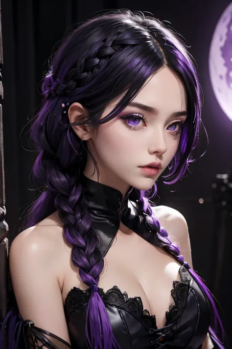 The witch,black and violet hair,4 braid hair style,violet eye,black and violet sexy costume