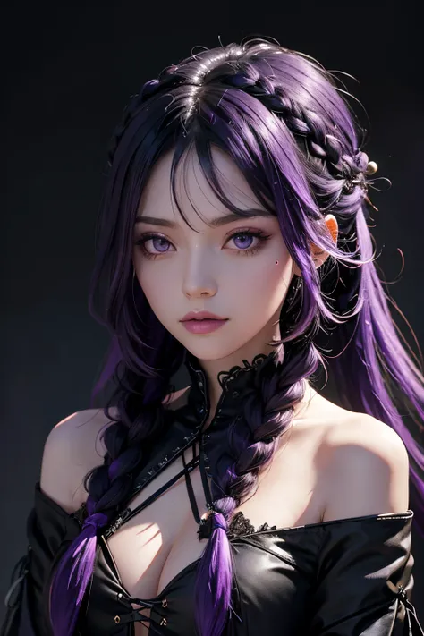 The witch,black and violet hair,4 braid hair style,violet eye,black and violet sexy costume