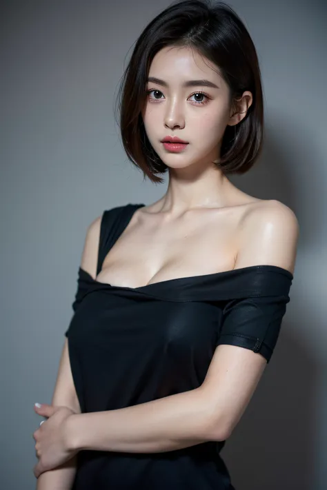 Skin Tight Black Top:1.2, Looking at Viewer, Cinematic lighting, Perfect, softlight, High resolution skin:1.2, Realistic skin texture, 30 years old mature woman、Small face、no-makeup、, off shoulders, Exposed cleavage, Blue eyes, Short hair, dark brown  hair...