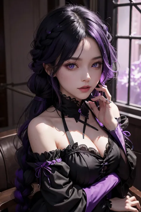 The witch,black and violet hair,4 braid hair style,violet eye,black and violet sexy costume