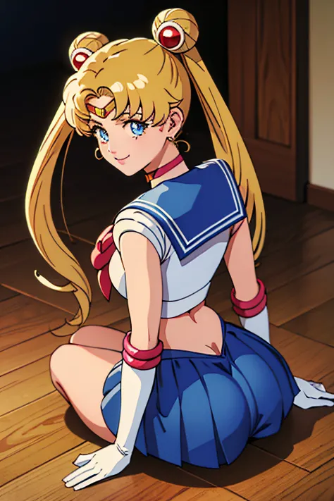 masterpiece, best quality, absurdres, perfect antomy, 1girl, solo, SMMoon, 1990s (style), blonde sailor moon, , twintails, standing, smile, cowboy shot, sailor senshi uniform, sailor collar, blue mini skirt, elbow gloves, in back pose, kneeling on floor, 4...