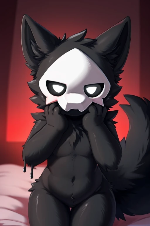 by chano, by cheesefries, by sanu, puro, (solo, solo focus, pov, first person view), anthro, male, slime boy, goo creature, black body, black fur, monotone fur, monotone body, white mask, black sclera, white eyes, black slime, glistening body, wolf ears, w...