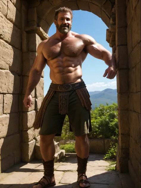 (Masterpiece) A very detailed, intricate, epic fantasy, colorful, full body, slight angle, man, 40 years old, hunk, hulking, brawny, ankle wraps, very hairy chest, very masculine, handsome and attractive man, dynamic action poses, skimpy revealing outfit, ...