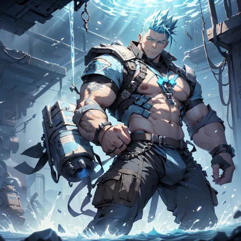 archaeological floating metalic black dungeon circuit lights effects, skyrocket rocks ground covered moss, undercut, faux hawk, icy blue hair, manly kawaii moe babyface alpha male seeker rescue pull-ups to show hairless armpit, futuristic robotics tactical...