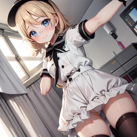 Kagamine rin , 1girl, enfermera, Gorra de enfermera, Desgaste blanco, ((Legwear blanco, Zettai Ryouiki)), Guantes blancos, cabello rubio, ojos azules, labios rosados, They are smiling, En pie, ((hospital room)), sharp outline, manga corta, La mejor calidad...