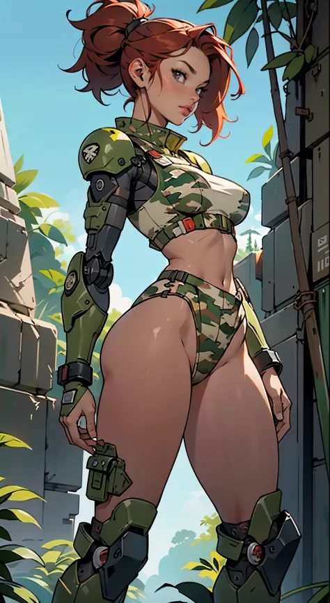 1woman 20 years old, max resolution, crisp lines, sculpted, military, wearing a soldier helmet, beautiful, perfect body, red hair, perfect body, thin waist, wide hips, large breasts, slim thighs, jungle background, armored vehicle, flying fighters, militar...