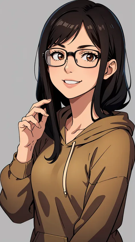 Girl with black straight hair, straight, shoulder lenght hair. Brown eyes, wearing glasses, hair parted in middle, no bangs,  smiling. Wearing hoodie