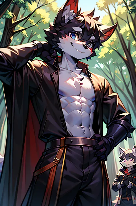 The male wolf is 180 cm tall，bluish violet eyes, , cabelos preto e longos,  The upper body shows off the perfect body，red and black costume，with smile，Two small ears，Stand with fair skin ，Putting your hands behind your back in the forest