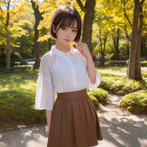 top-quality、超A high resolution、(Photorealsitic:1.4)、Raw photography、1 Japan Female、20yr old、独奏、cute little、(Brown-eyed)、detailed beautiful faces、(Shorthair)、a park、autumnal、skirt by the