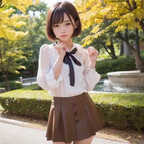 top-quality、超A high resolution、(Photorealsitic:1.4)、Raw photography、1 Japan Female、20yr old、独奏、cute little、(Brown-eyed)、detailed beautiful faces、(Shorthair)、a park、autumnal、skirt by the