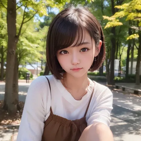 top-quality、超A high resolution、(Photorealsitic:1.4)、Raw photography、1 Japan Female、20yr old、独奏、cute little、(Brown-eyed)、detailed beautiful faces、(Shorthair)、a park、autumnal、skirt by the