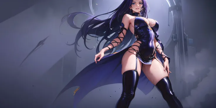 anatomically correct, best quality, masterpiece, high quality, high details, highres, HD, (shaded face:1.2), hollow eyes, purple eyes, looking at viewer, heavy breathing, smirk, upper teeth, purple hair, long hair, latex dress, sideless outfit, arm guards,...