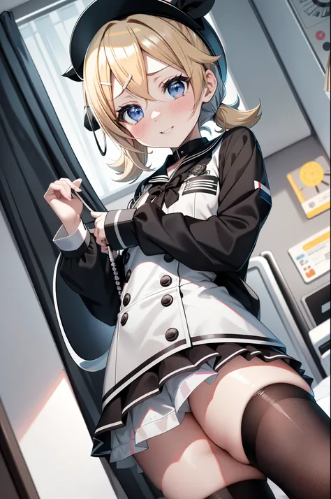 Kagamine rin , 1girl, enfermera, Gorra de enfermera, Desgaste blanco, ((Legwear blanco, Zettai Ryouiki)), Guantes blancos, cabello rubio, ojos azules, labios rosados, They are smiling, En pie, ((hospital room)), sharp outline, manga corta, La mejor calidad...