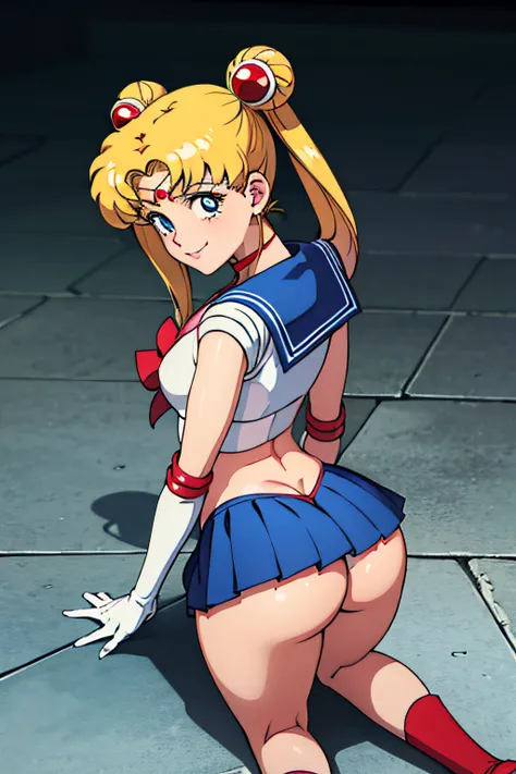 masterpiece, best quality, absurdres, perfect antomy, 1girl, solo, SMMoon, 1990s (style), blonde sailor moon, , twintails, standing, smile, cowboy shot, sailor senshi uniform, sailor collar, blue mini skirt, elbow gloves, in back pose, kneeling on floor, 4...