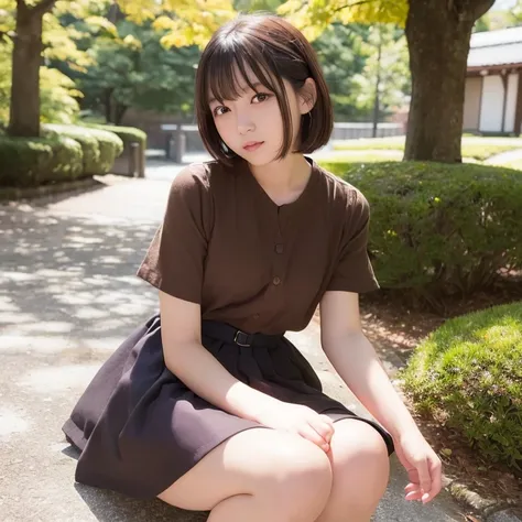 top-quality、超A high resolution、(Photorealsitic:1.4)、Raw photography、1 Japan Female、20yr old、独奏、cute little、(Brown-eyed)、detailed beautiful faces、(Shorthair)、a park、autumnal、skirt by the、Yoshiko Akishino