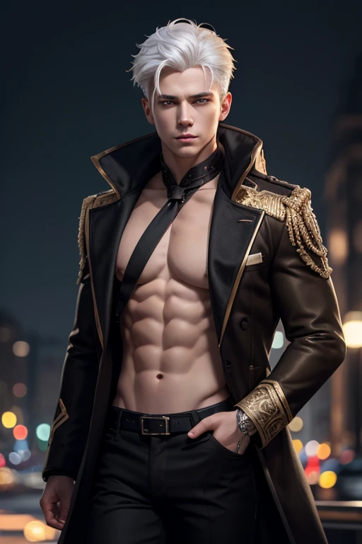 1boy, white hair, golden eyes, sixpack, wears black pants and brown coat, topless, nightime background, ((masterpiece, best quality)), illustration, ultra detailed 8k, photorealistic, sharp focus, highly detailed, professional lighting, colorful details,