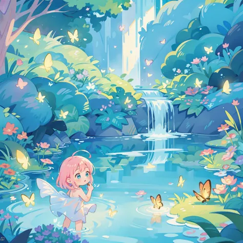 picture book illustration, watercolor storybook illustration, vibrant pastel colors, dreamy, colorful, whimsical, magical, masterpiece, best quality, sharp focus, intricately detailed environment, fine detail, 8k resolution, waterfall lagoon, water nymph g...