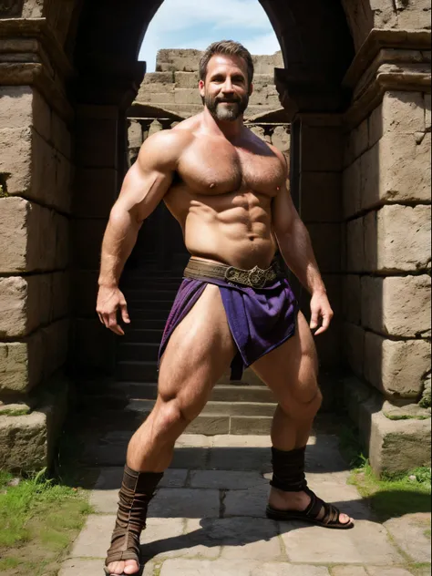 (Masterpiece) A very detailed, intricate, epic fantasy, colorful, full body, slight angle, man, 40 years old, hunk, hulking, brawny, ankle wraps, very hairy chest, very masculine, handsome and attractive man, dynamic action poses, skimpy revealing outfit, ...