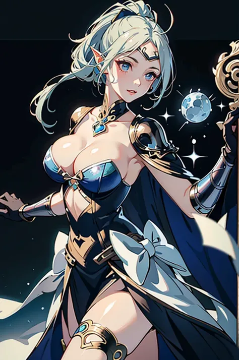 close up shot of a woman in a silver and blue dress, silver armor, large breasts, cleavage, chengwei pan on artstation, by Yang J, detailed fantasy art, stunning character art