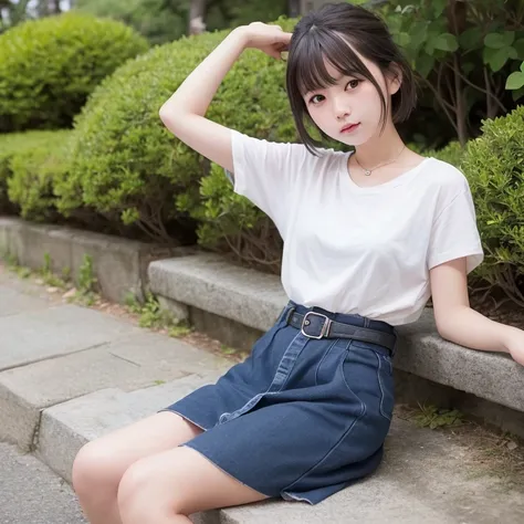 top-quality、超A high resolution、(Photorealsitic:1.4)、Raw photography、1 Japan Female、20yr old、独奏、cute little、detailed beautiful faces、(Shorthair)、a park、skirt by the、Yoshiko Akishino