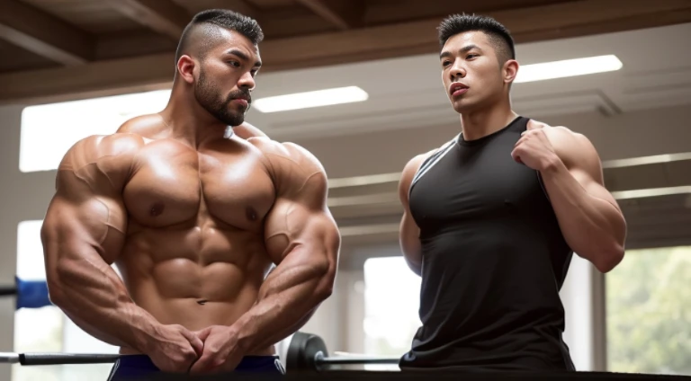 (Very detailed 8k wallpaper), Strong Asian Men, At the gym, high detailing, buzzcut, very large and strong body, bulging muscles, well-muscled, very large pectoral muscles. Very sexy abs, legs are muscular, Toned figure, lightens oily skin, muscular, Tank ...