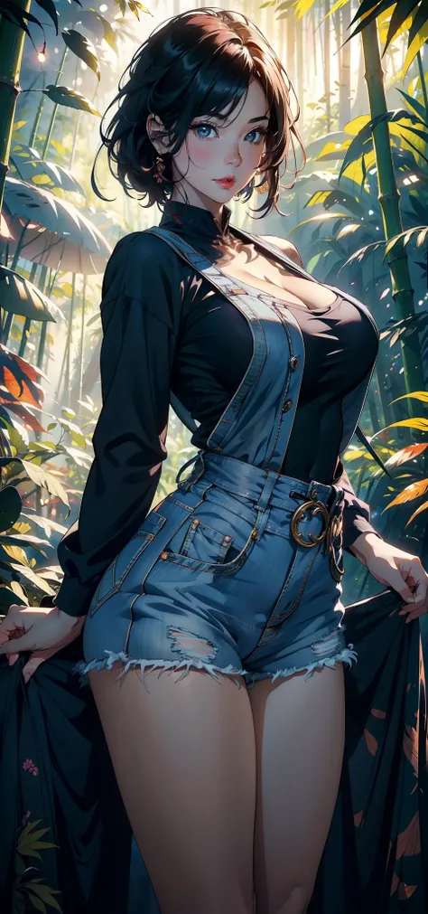 1female，36 years old，熟妇，mature，Bigchest，big chest and thin waist，lean legs，long leges，Busty and sexy， photo exposure， 独奏，（Background with：bamboo forrest，the rainforest） She has short pink hair，Stand deep in the forest，seen from the front， hair straight， th...