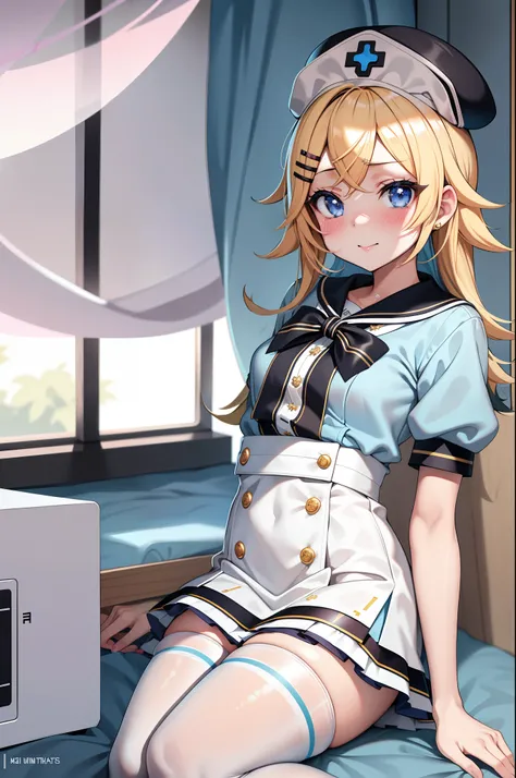 Kagamine rin , 1girl, enfermera, Gorra de enfermera, Desgaste blanco, ((Legwear blanco, Zettai Ryouiki)), Guantes blancos, cabello rubio, ojos azules, labios rosados, They are smiling, En pie, ((hospital room)), sharp outline, manga corta, La mejor calidad...