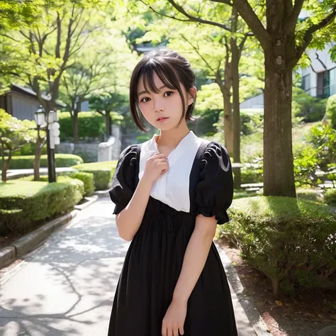 top-quality、超A high resolution、(Photorealsitic:1.4)、Raw photography、1 Japan Female、20yr old、独奏、cute little、detailed beautiful faces、(Shorthair)、a park、Black Dress、Yoshiko Akishino