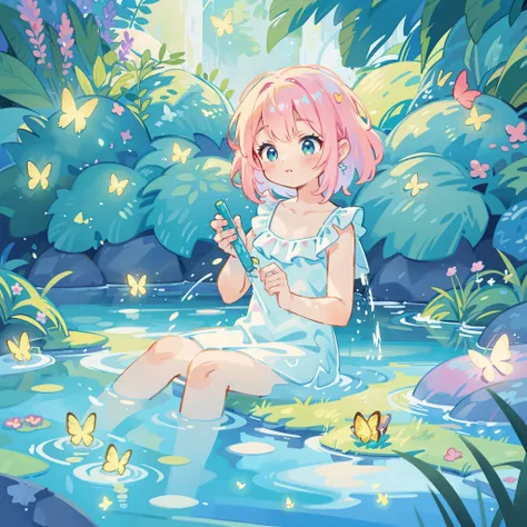 watercolor illustration, vibrant pastel colors, dreamy, colorful, whimsical, magical, masterpiece, best quality, sharp focus, intricately detailed environment, fine detail, 8k resolution, waterfall lagoon, water nymph girl, (magical lagoon), (waterfall, la...