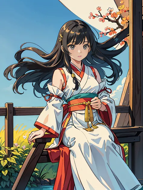 A highly detailed Ming-style Hanfu, a 21-year-old girl looks at the scenery in front of her, her long hair surrounded by golden cloud shoulders and interactive chairs. She has a bright-eyed face, both innocent and charming, wearing a flowing linen skirt, g...