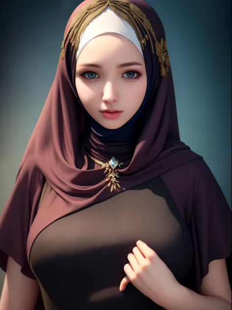 best quality, masterpiece, highres, moslem female dress, necklace, Beautiful face, (upon body from head to waist:1.37), tyndall effect, photorealistic, dark studio, rim lighting, two tone lighting, 8k uhd, dslr, soft lighting, high quality, volumetric ligh...