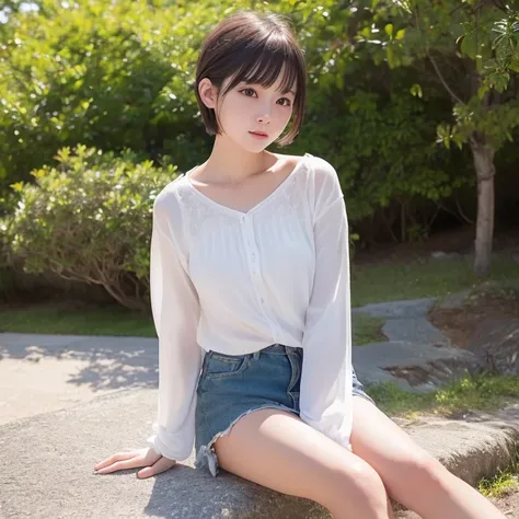 top-quality、超A high resolution、(Photorealsitic:1.4)、Raw photography、独奏、cute little、detailed beautiful faces、(Shorthair)1womanl、24 year old、season、autumnal、a park、Shorthair、a miniskirt、posterior view、white  clothes