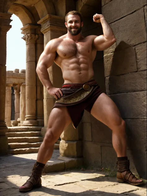 (Masterpiece) A very detailed, intricate, epic fantasy, colorful, full body, slight angle, insanely handsome man, 30 years old, hunk, hulking, brawny, ankle wraps, very hairy chest, very masculine, handsome and attractive man, dynamic action poses, skimpy ...